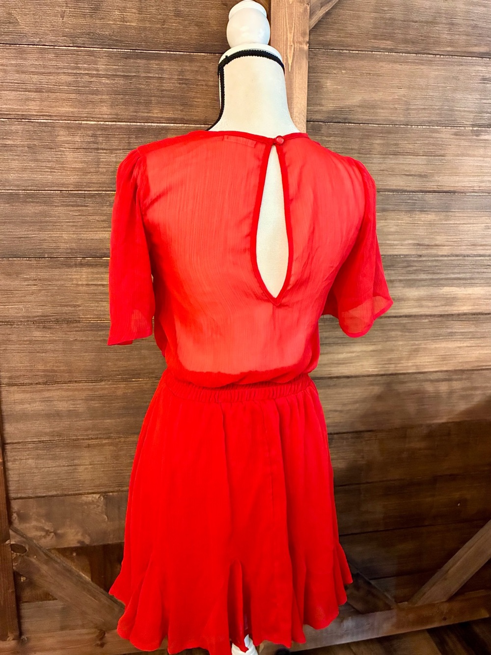 V-Neck Red Elastic Waist Mini Dress - Picture 2 of 3